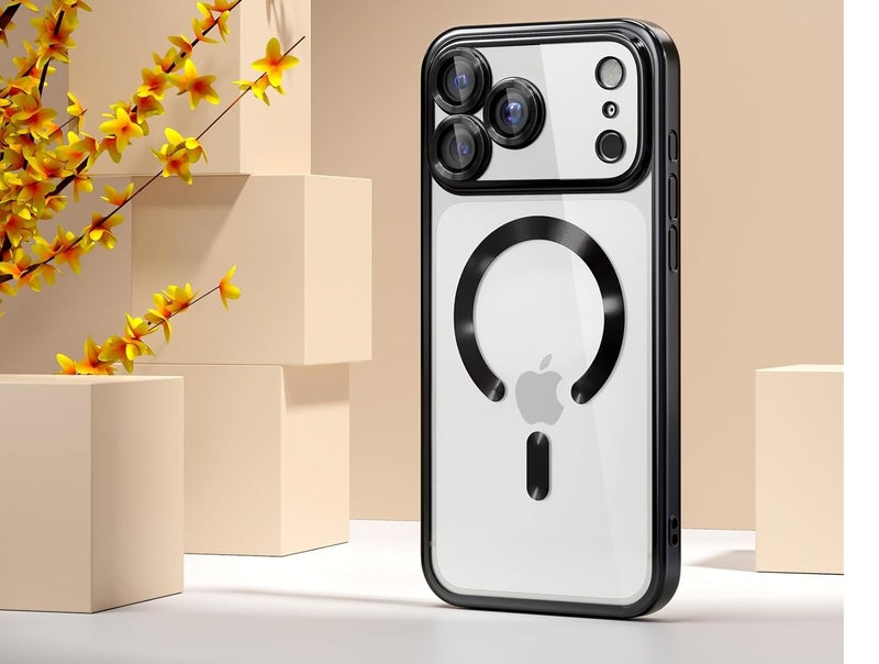 Magnetic case Compatible with iPhone 17 Pro Max, Full Camera Protection with lens, Compatible with wireless charging, Transparent Shockproof slim Protective Case Black. - Image 1